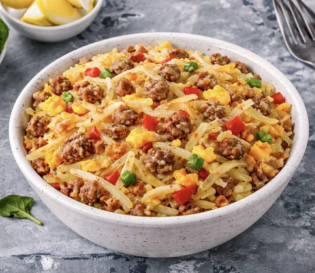 MAK D Productions Sausage Farmhouse Hashbrowns w/ Peppers & Onions Freeze Dried Meal Camping Hunting Preppers Backpacking Hiking Breakfast