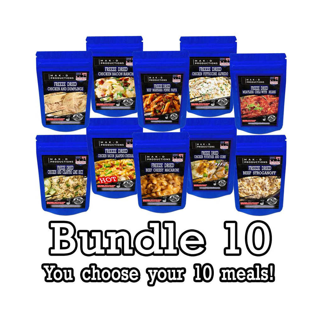 MAK D Productions 10 Pack Meal Deal for 12.50 each (125.00) Freeze Dried Meals - You Choose Your Meals Camping Hunting Preppers Backpacking