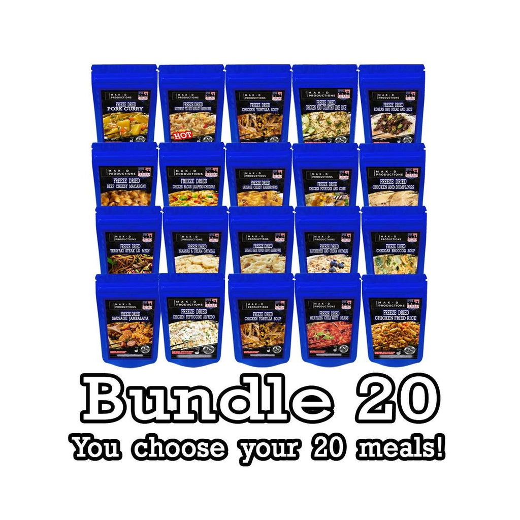 MAK D Productions 20 Pack Meal Deal for 12.25 each (245.00) Freeze Dried Meals - You Choose Your Meals Camping Hunting Preppers Backpacking