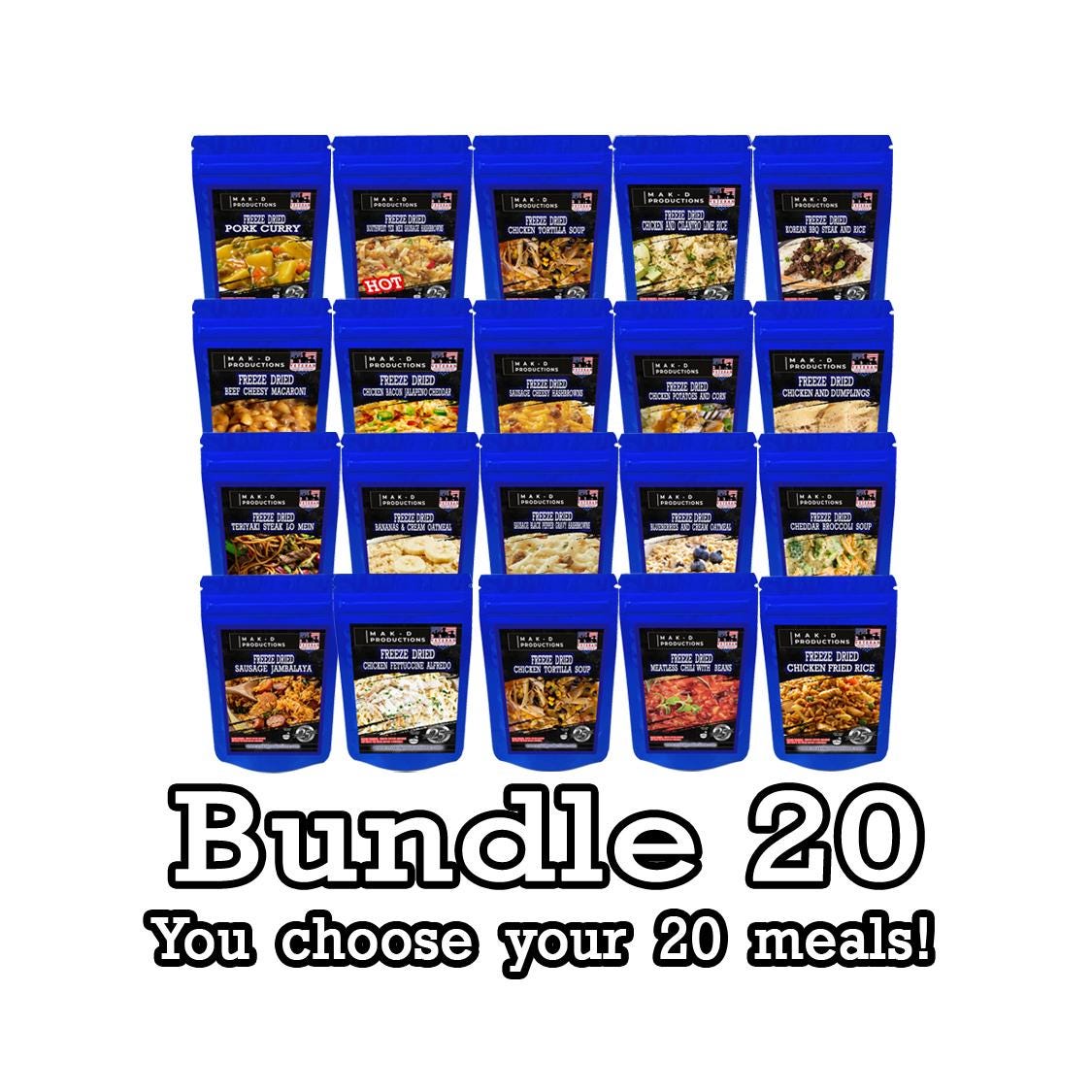 MAK D Productions 20 Pack Meal Deal for 12.25 each (245.00) Freeze Dried Meals - You Choose Your Meals Camping Hunting Preppers Backpacking