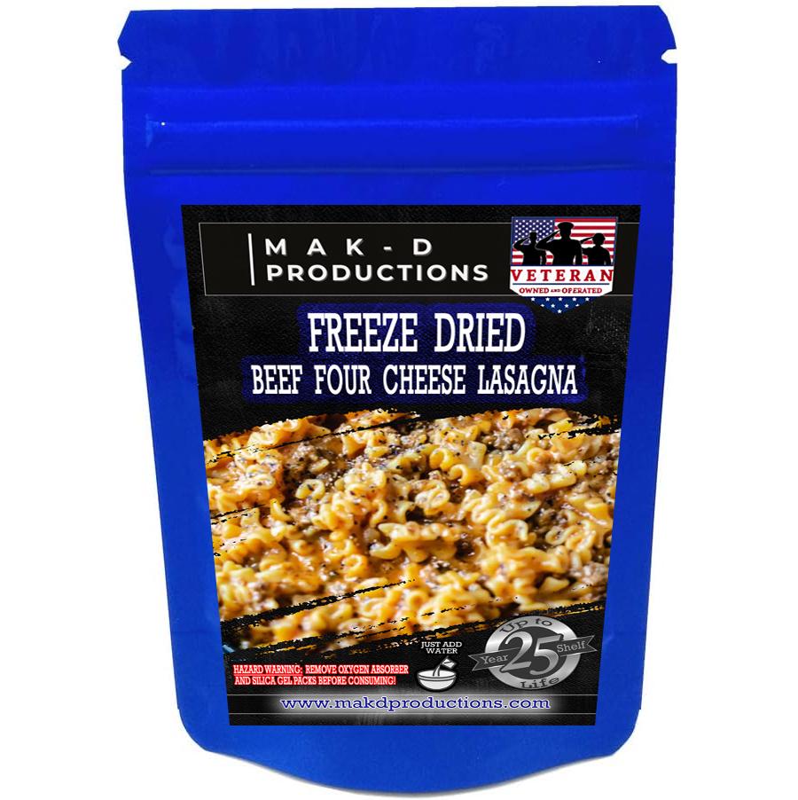 MAK D Productions Beef Four Cheese Lasagna Freeze Dried Meal Camping Hunting Preppers Backpacking Hiking Kayaking Fishing Easy Bag Food