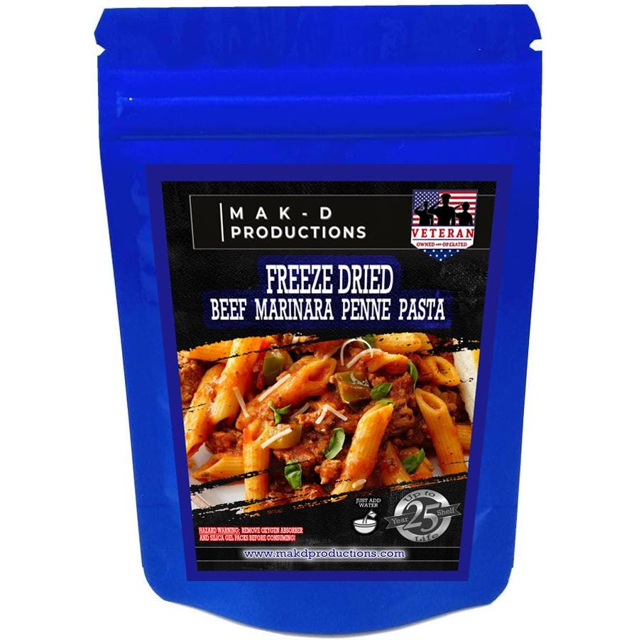 MAK D Productions Beef Marinara Penne Pasta Freeze Dried Meal Camping Hunting Preppers Backpacking Hiking Kayaking Fishing Easy Bag Meal