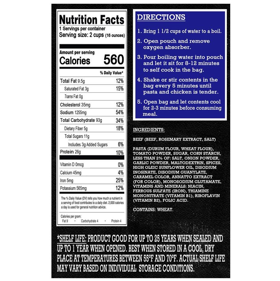 MAK D Productions Beef Marinara Penne Pasta Freeze Dried Meal Camping Hunting Preppers Backpacking Hiking Kayaking Fishing Easy Bag Meal