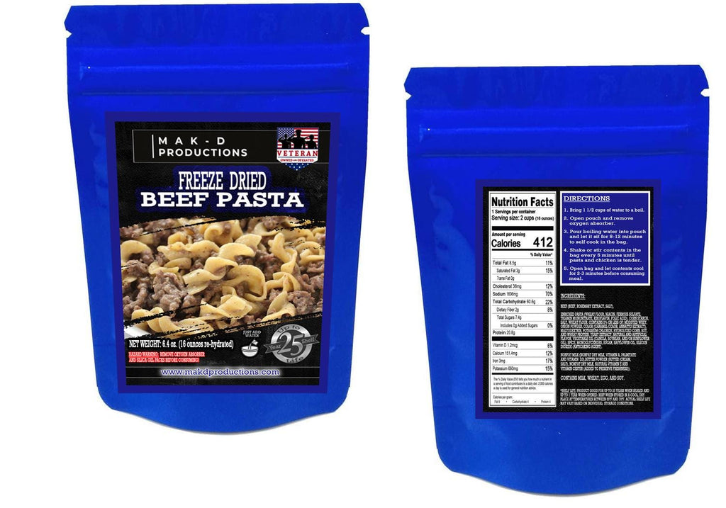 MAK D Productions Beef Pasta Freeze Dried Meal Camping Hunting Preppers Backpacking Hiking Kayaking Fishing  Emergency Prep Easy Bag Food