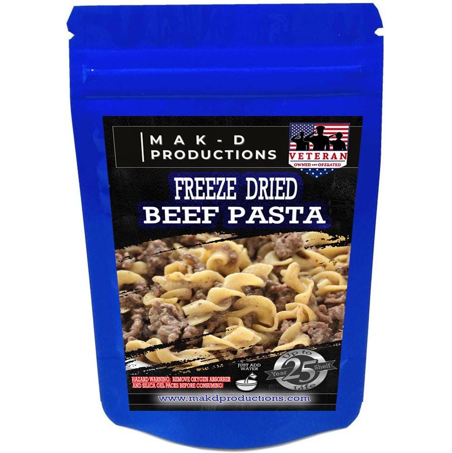MAK D Productions Beef Pasta Freeze Dried Meal Camping Hunting Preppers Backpacking Hiking Kayaking Fishing  Emergency Prep Easy Bag Food