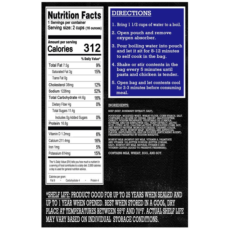 MAK D Productions Beef Pasta Potatoes Stroganoff Freeze Dried Meal Camping Hunting Prepper Backpacking Hiking Kayaking Fishing Easy Bag Food