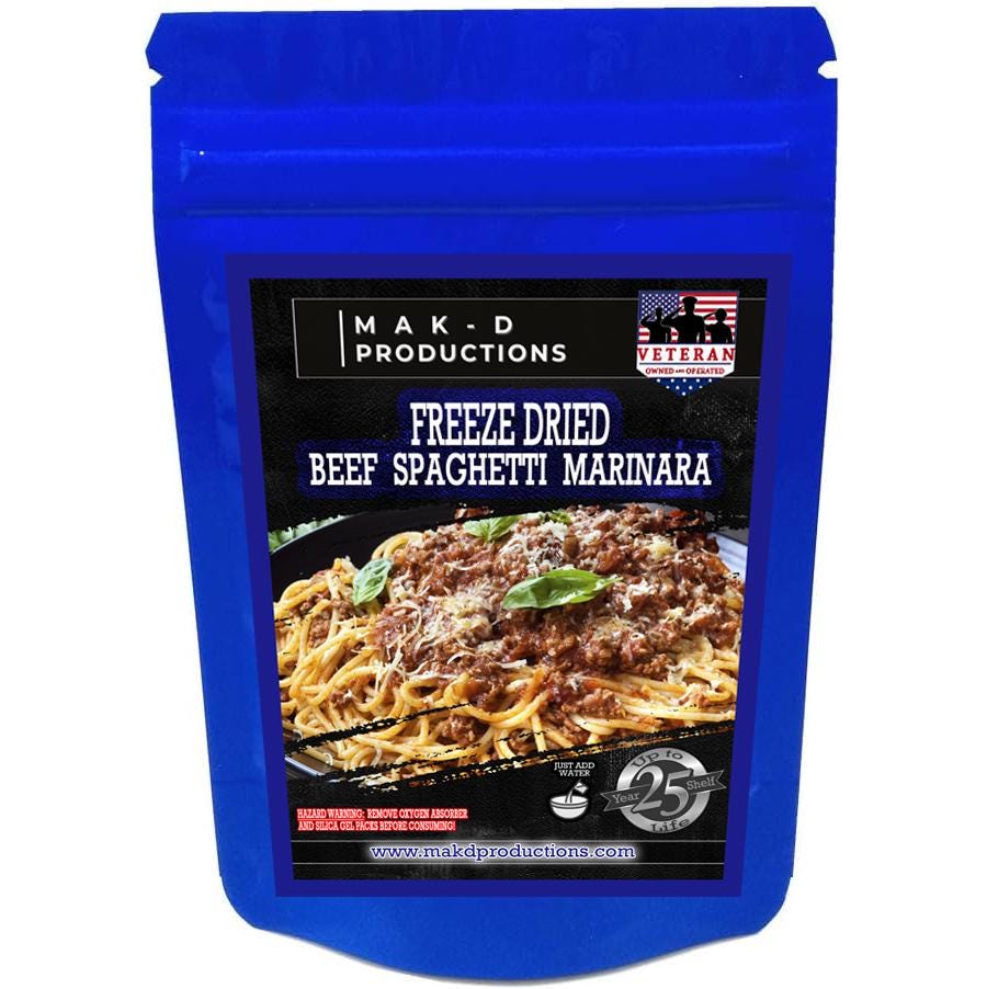MAK D Productions Beef Pasta Spaghetti Marinara Freeze Dried Meal Camping Hunting Preppers Backpacking Hiking Kayaking Fishing Easy Bag Food