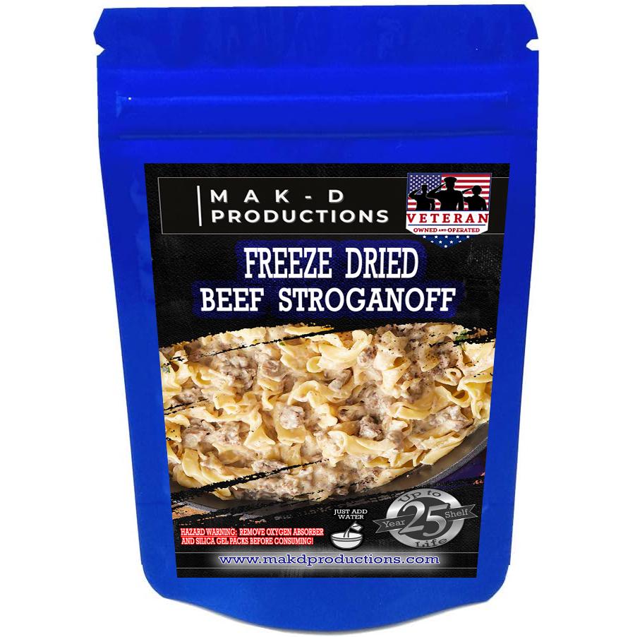 MAK D Productions Beef Pasta Stroganoff Freeze Dried Meal Camping Hunting Prep Backpacking Hiking Kayaking Fishing Emergency Easy Bag Food
