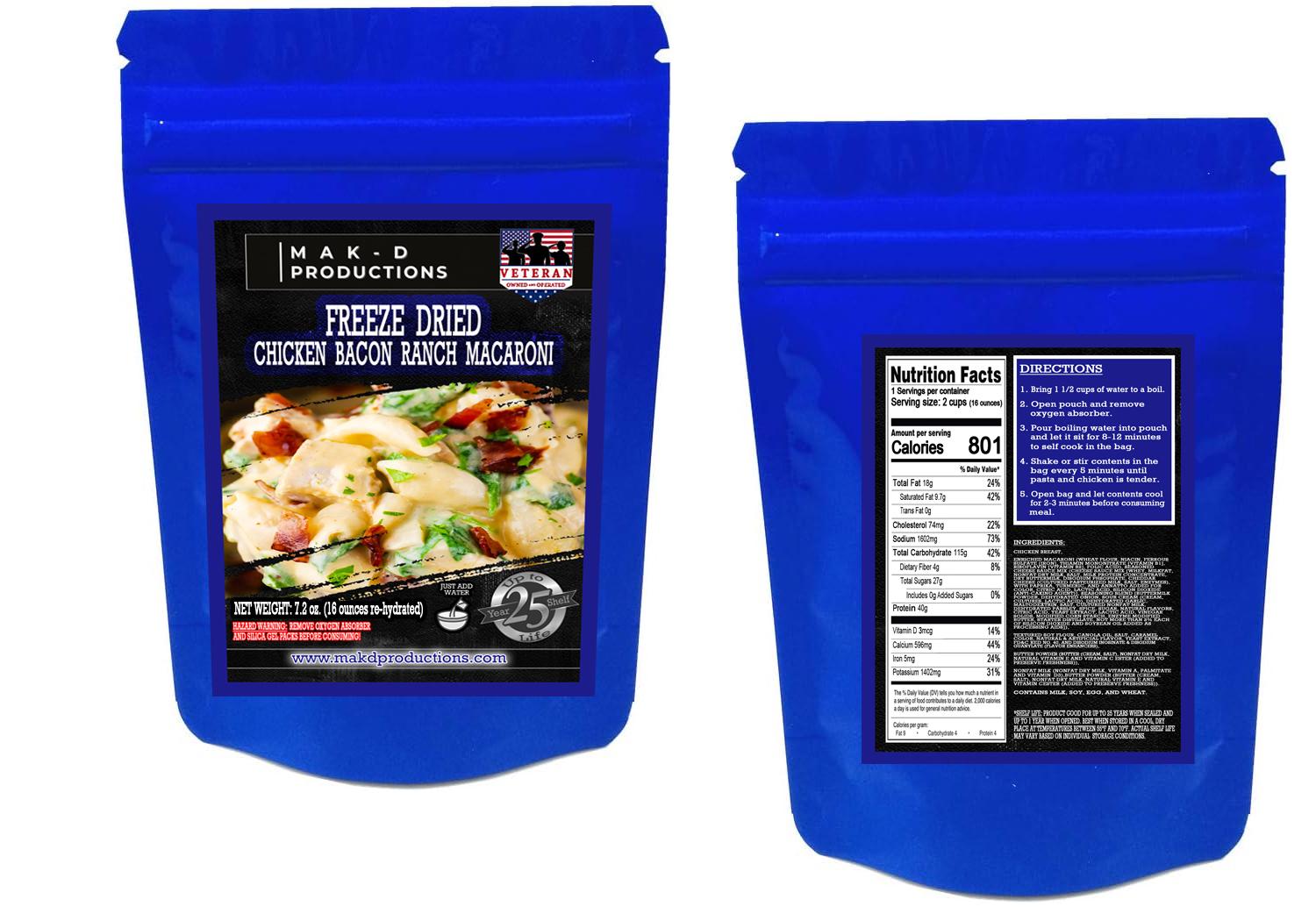 MAK D Productions Chicken Bacon Ranch Macaroni Pasta Freeze Dried Meal Camping Hunting Preppers Backpacking Hiking Kayaking Easy Bag Food