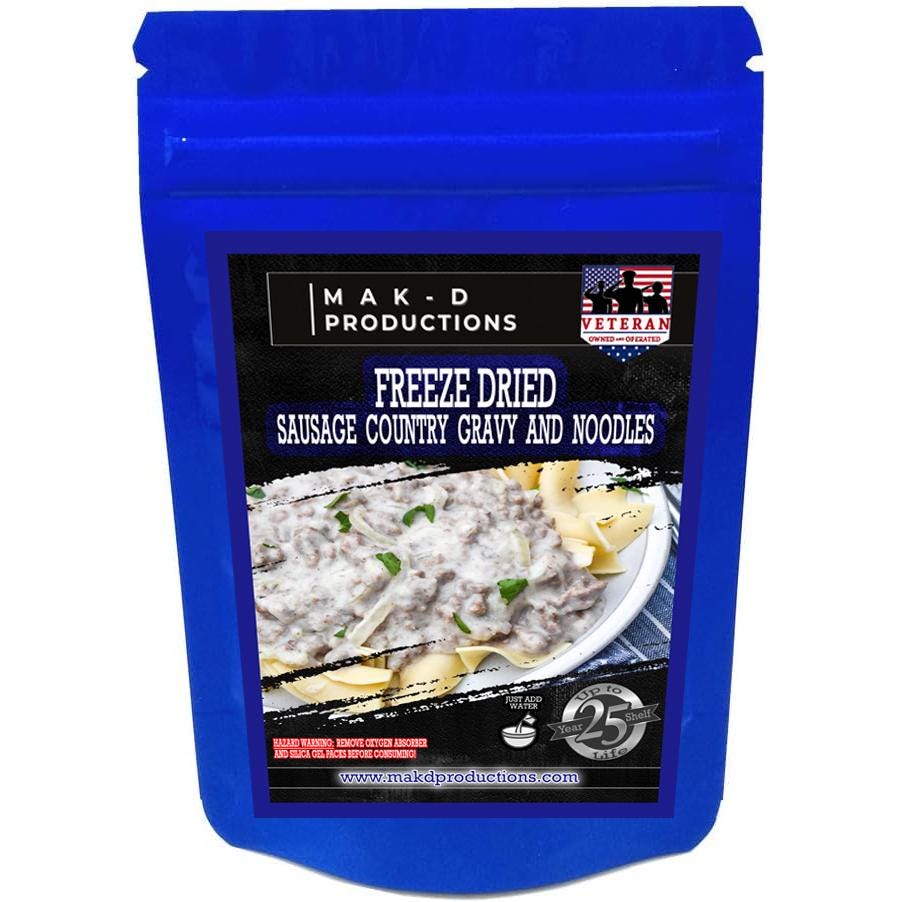 MAK D Productions Pork Sausage Gravy & Noodles Freeze Dried Meal Camping Hunting Preppers Backpacking Hiking Kayaking Fishing Easy Bag Food