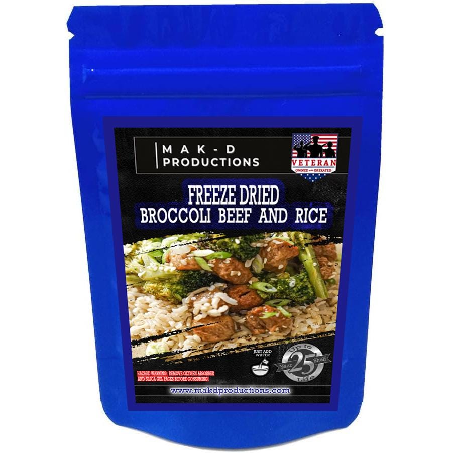 MAK D Productions Beef Steak Broccoli and Rice Freeze Dried Meal Camping Hunting Preppers Backpacking Hiking Kayaking Fishing Easy Bag Food