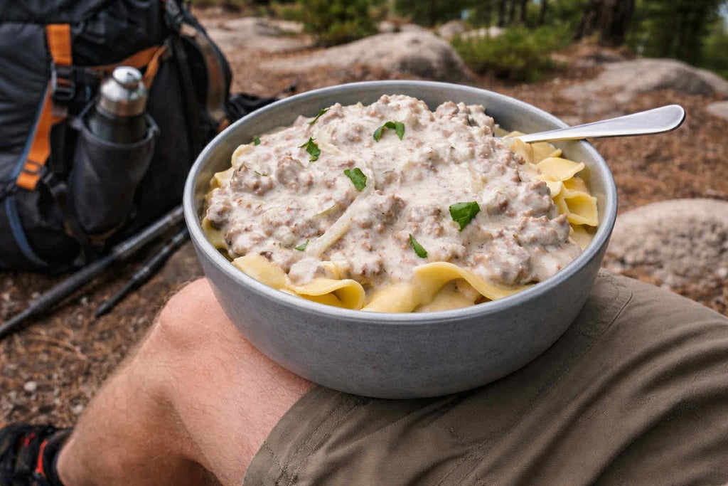 MAK D Productions Pork Sausage Gravy & Noodles Freeze Dried Meal Camping Hunting Preppers Backpacking Hiking Kayaking Fishing Easy Bag Food