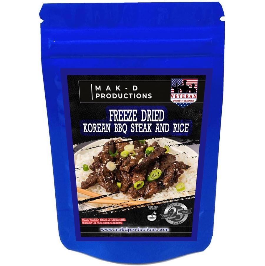 MAK D Productions Korean BBQ Beef Steak & Rice Freeze Dried Meal Camping Hunting Preppers Backpacking Hiking Kayaking Fishing Easy Bag Food