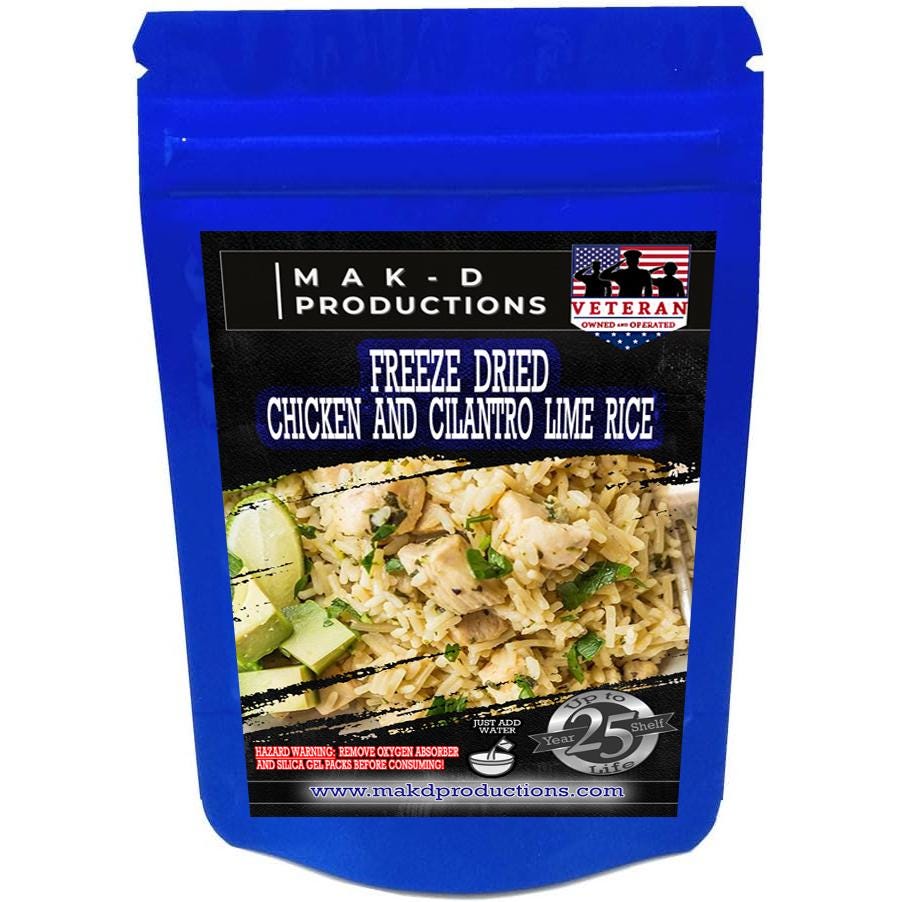 MAK D Productions Chicken & Cilantro Lime Rice Freeze Dried Meal Camping Hunting Preppers Backpacking Hiking Kayaking Fishing Easy Bag Food
