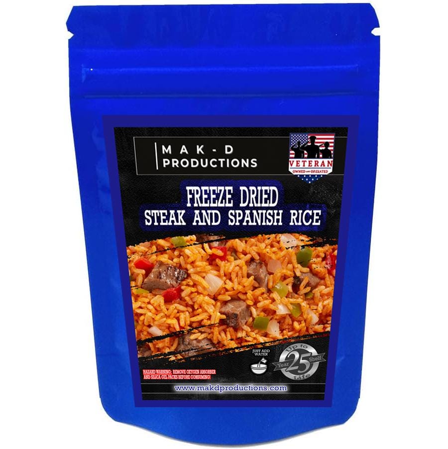 MAK D Productions Beef Steak and Spanish Rice Freeze Dried Meal Camping Hunting Preppers Backpacking Hiking Kayaking Fishing Easy Bag Food