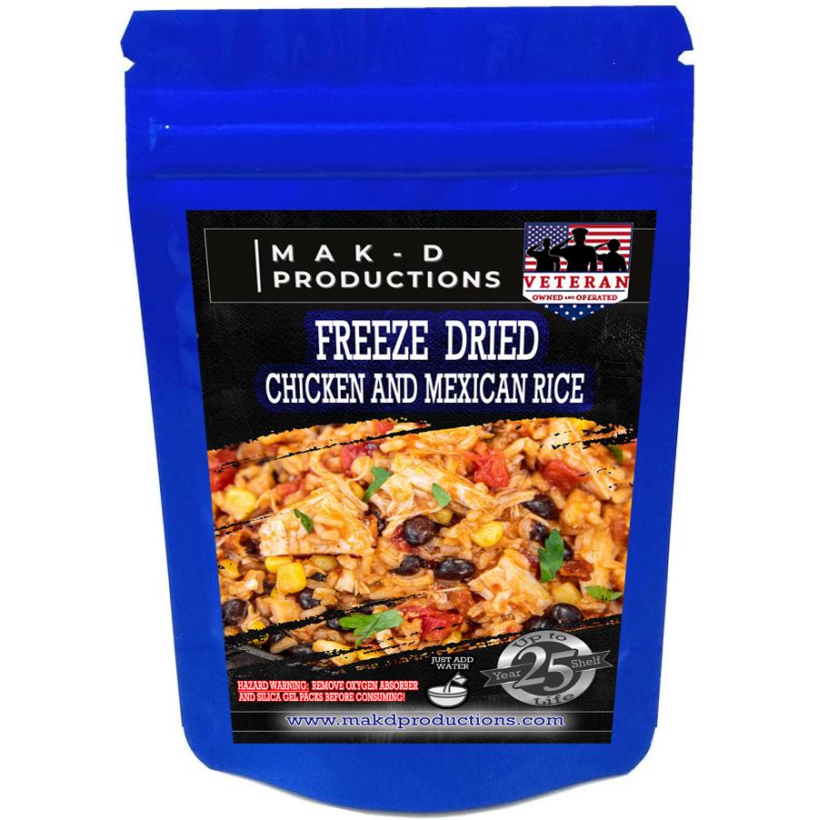 MAK D Productions Chicken & Mexican - Rice Black Beans, Corn, Peppers and Rice Freeze Dried Meal Camping Hunting Preppers Backpacking Hiking