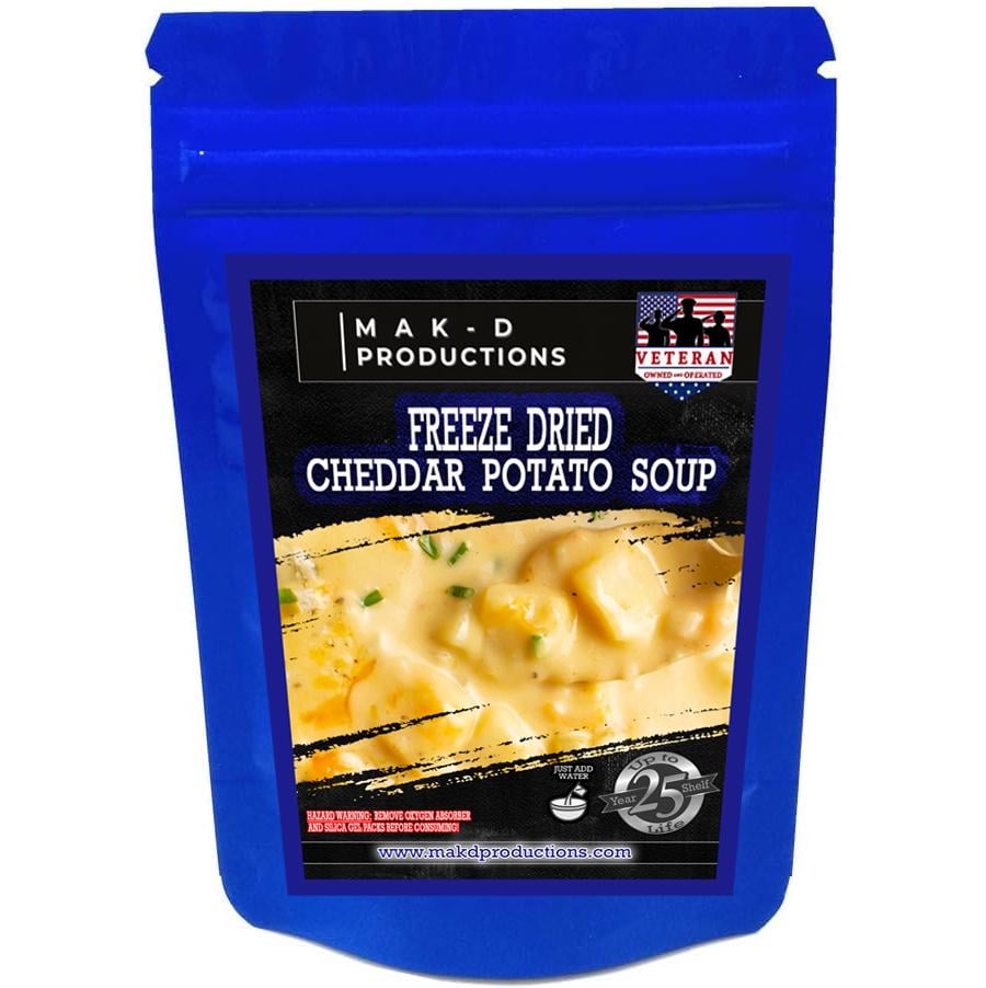 MAK D Productions Meatless Cheddar Potato Soup Freeze Dried Meal Camping Hunting Preppers Backpacking Hiking Kayaking Fishing Bag Food
