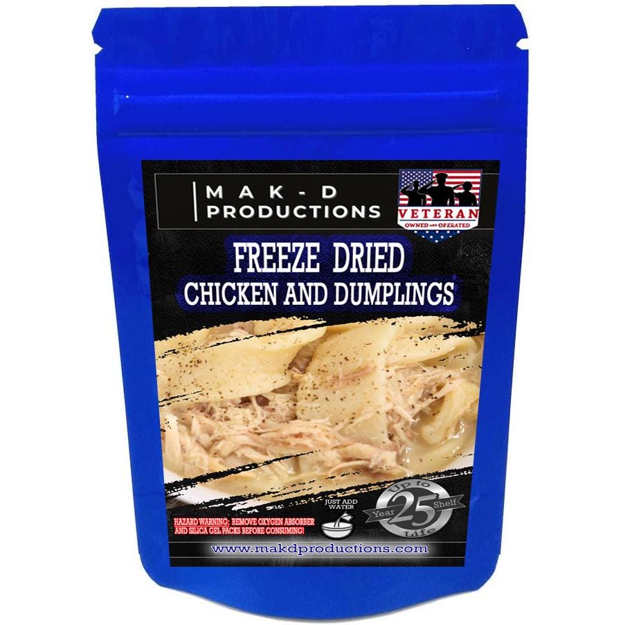 MAK D Productions Chicken And Dumplings Freeze Dried Meal Camping Hunting Preppers Backpacking Hiking Kayaking Fishing Bag Food