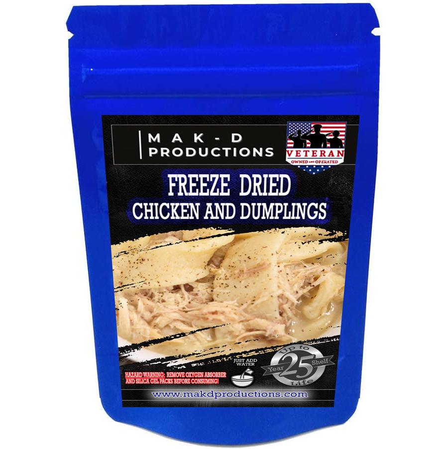 MAK D Productions Chicken And Dumplings Freeze Dried Meal Camping Hunting Preppers Backpacking Hiking Kayaking Fishing Bag Food
