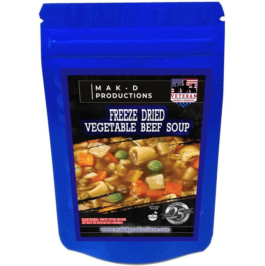 MAK D Productions Vegetable Beef Soup Freeze Dried Meal Camping Hunting Preppers Backpacking Hiking Kayaking Fishing Emergency Prep Bag Food