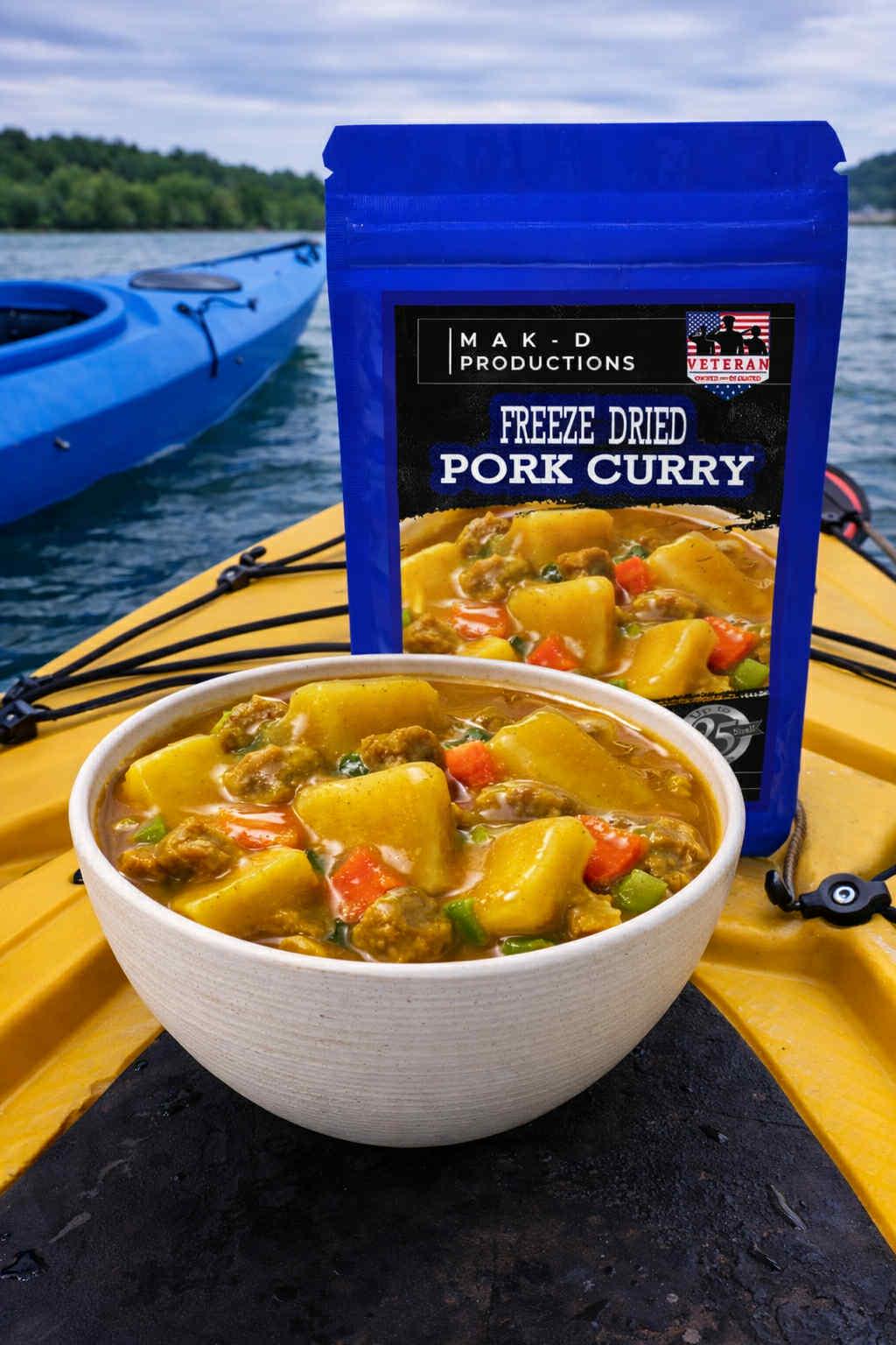 MAK D Productions Pork Sausage Curry Soup Freeze Dried Meal Camping Hunting Preppers Backpacking Hiking Kayaking Fishing Bag Food