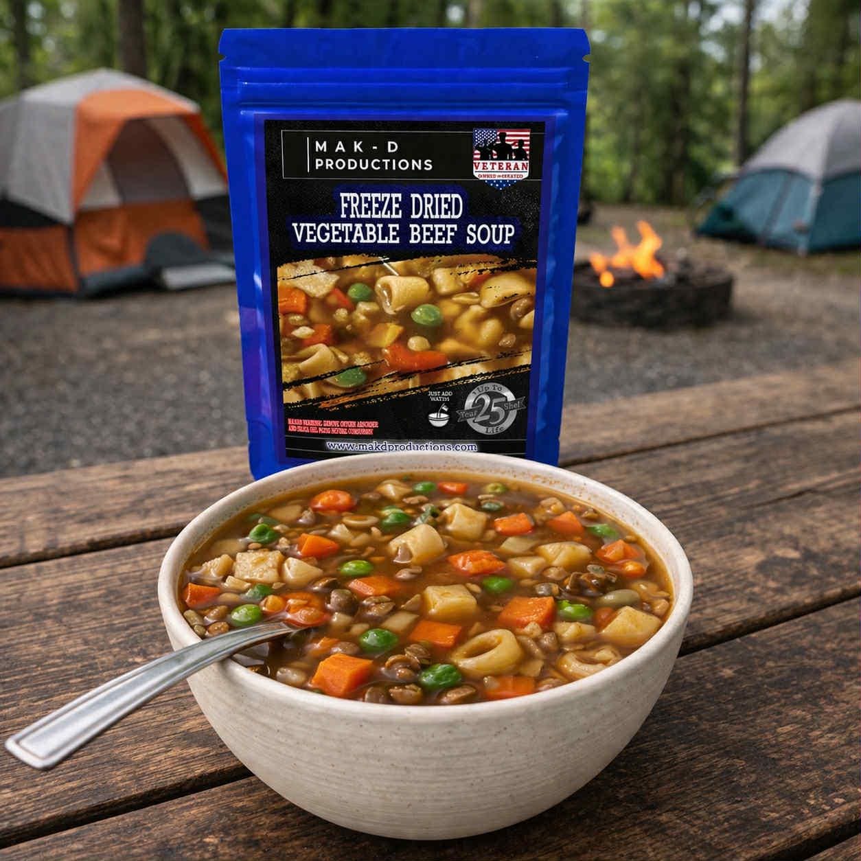 MAK D Productions Vegetable Beef Soup Freeze Dried Meal Camping Hunting Preppers Backpacking Hiking Kayaking Fishing Emergency Prep Bag Food