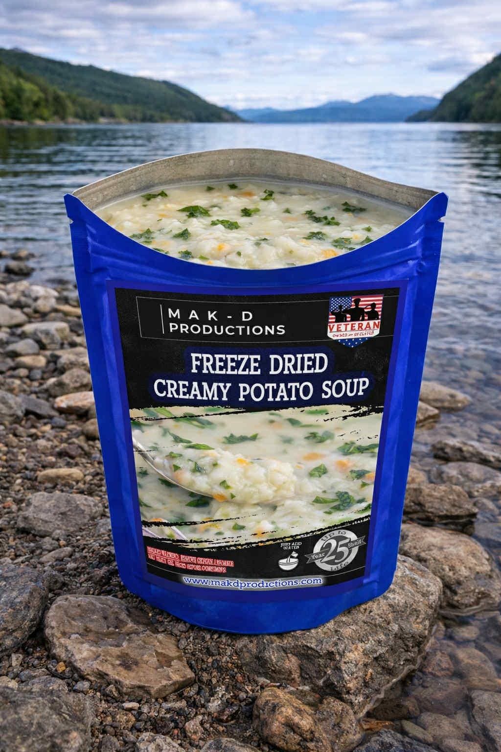 MAK D Productions Meatless Creamy Potato Soup Freeze Dried Meal Camping Hunting Preppers Backpacking Hiking Kayaking Fishing Bag Food