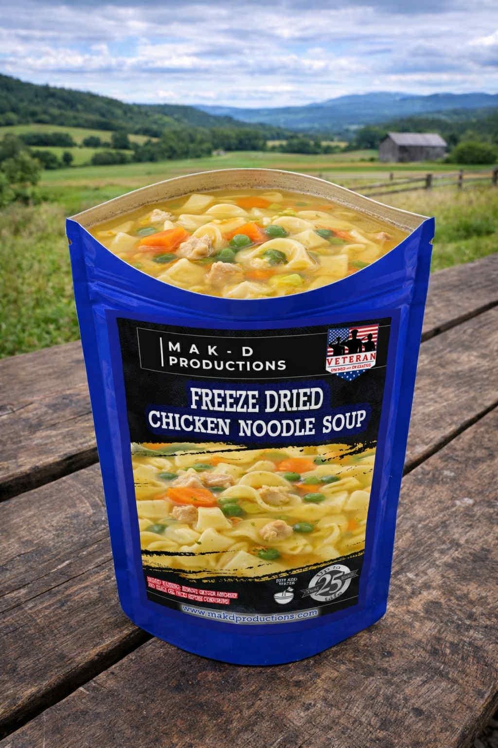 MAK D Productions Chicken Noodle Soup Freeze Dried Meal Camping Hunting Preppers Backpacking Hiking Kayaking Fishing Bag Food