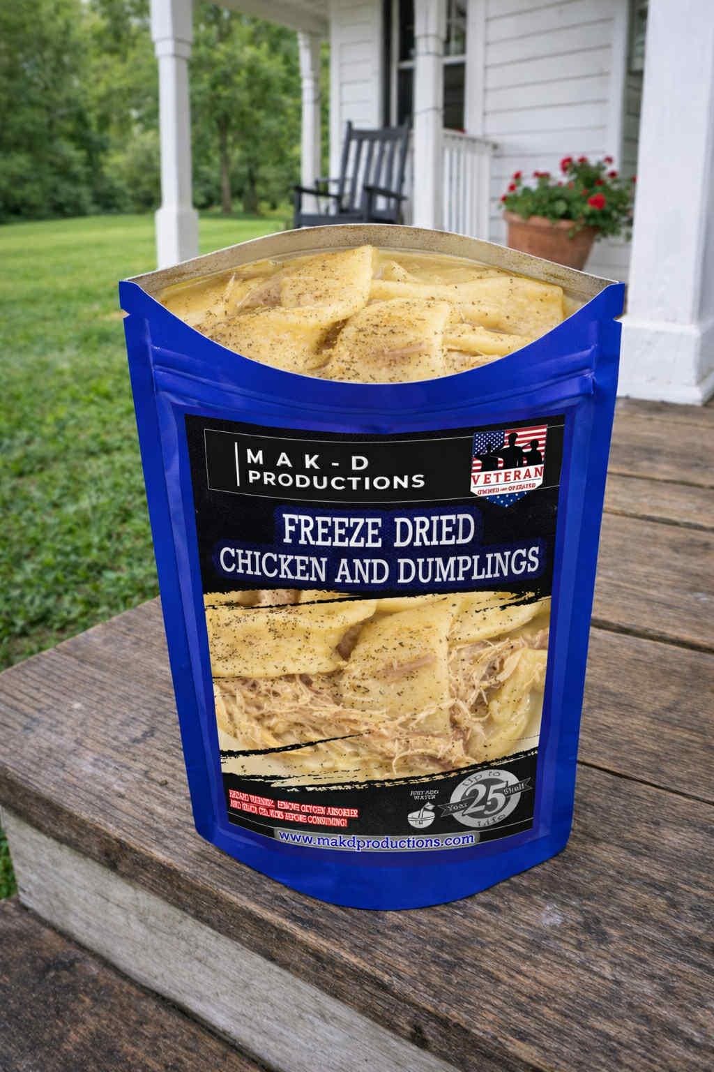 MAK D Productions Chicken And Dumplings Freeze Dried Meal Camping Hunting Preppers Backpacking Hiking Kayaking Fishing Bag Food