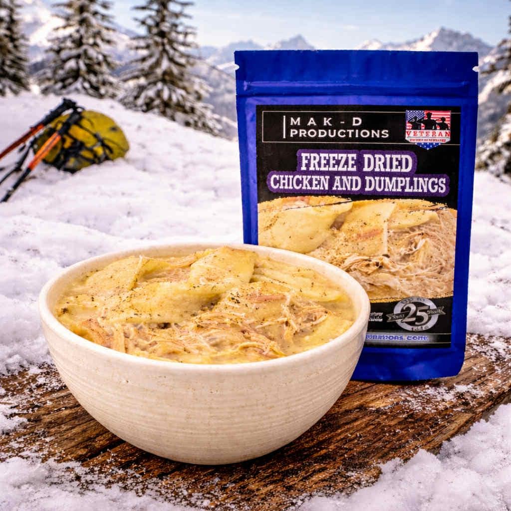 MAK D Productions Chicken And Dumplings Freeze Dried Meal Camping Hunting Preppers Backpacking Hiking Kayaking Fishing Bag Food
