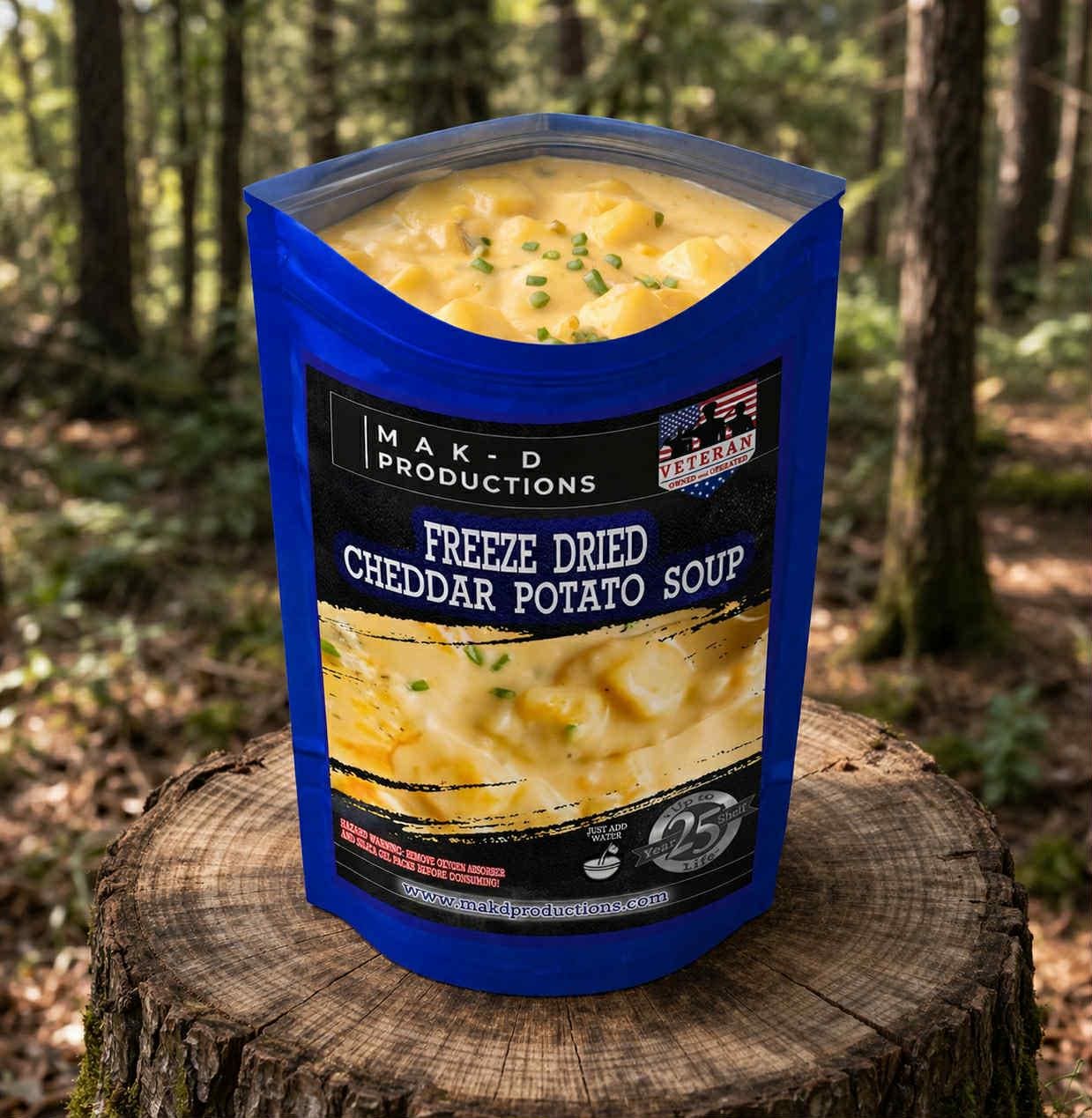 MAK D Productions Meatless Cheddar Potato Soup Freeze Dried Meal Camping Hunting Preppers Backpacking Hiking Kayaking Fishing Bag Food