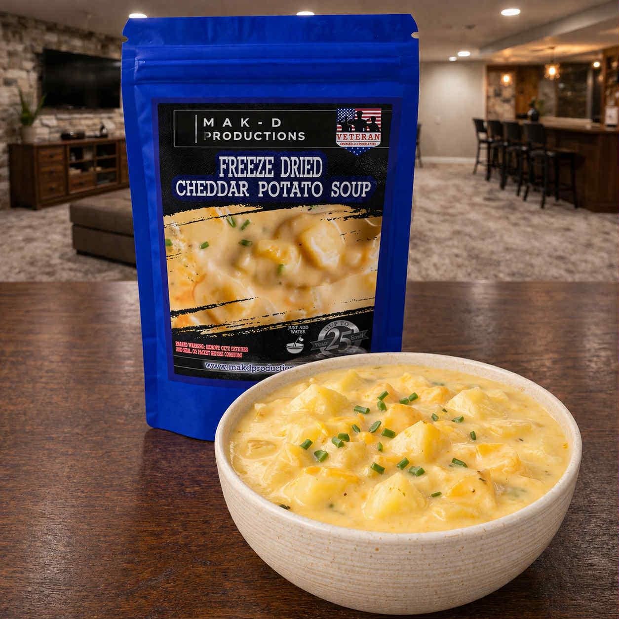 MAK D Productions Meatless Cheddar Potato Soup Freeze Dried Meal Camping Hunting Preppers Backpacking Hiking Kayaking Fishing Bag Food