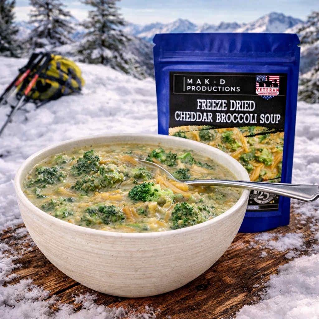 MAK D Productions Meatless Cheddar Broccoli Soup Freeze Dried Meal Camping Hunting Preppers Backpacking Hiking Kayaking Fishing Bag Food