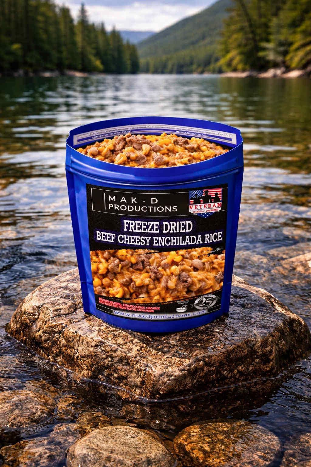 MAK D Productions Beef Cheesy Enchilada Rice Freeze Dried Meal Camping Hunting Preppers Backpacking Hiking Kayaking Fishing Easy Bag Food