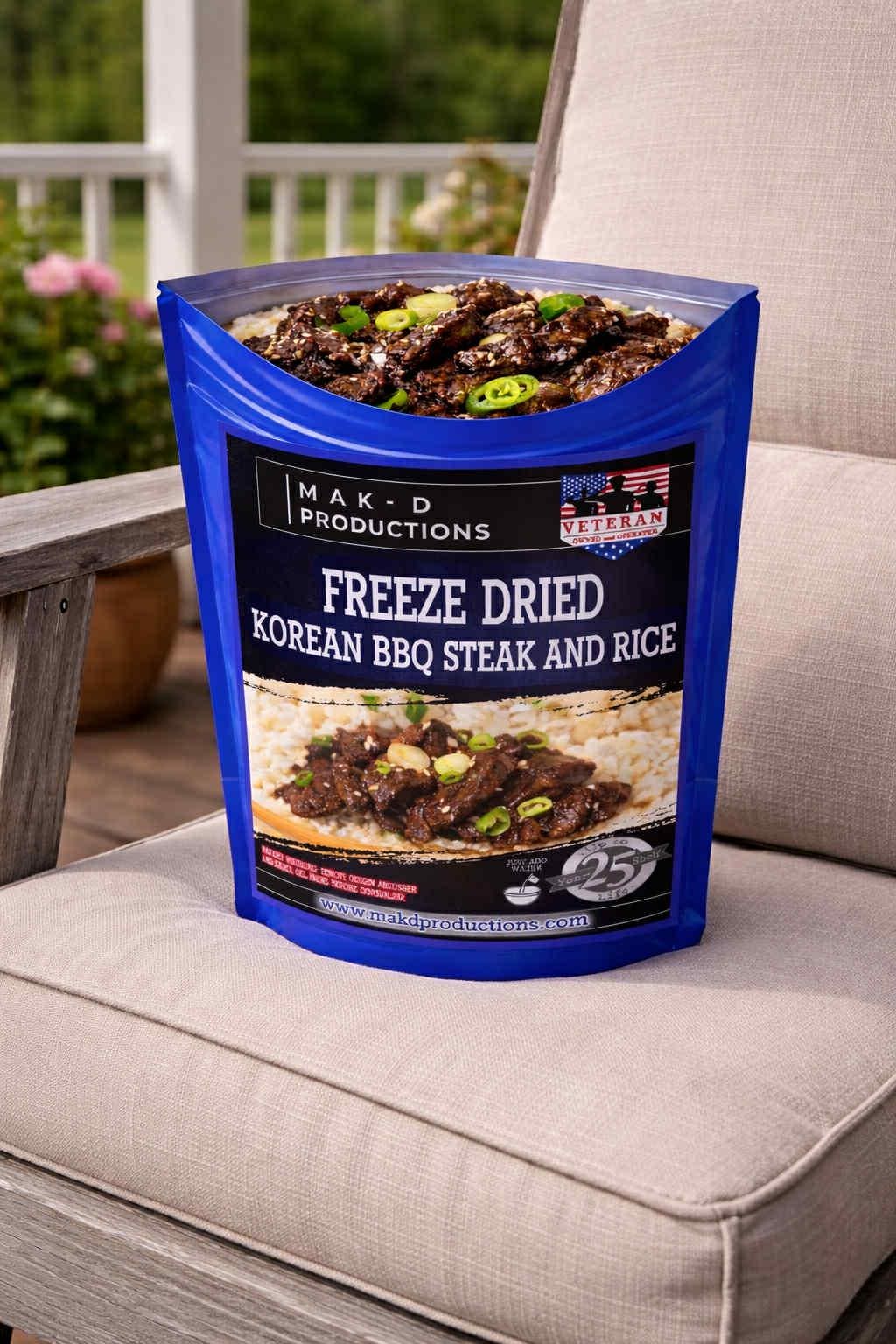 MAK D Productions Korean BBQ Beef Steak & Rice Freeze Dried Meal Camping Hunting Preppers Backpacking Hiking Kayaking Fishing Easy Bag Food