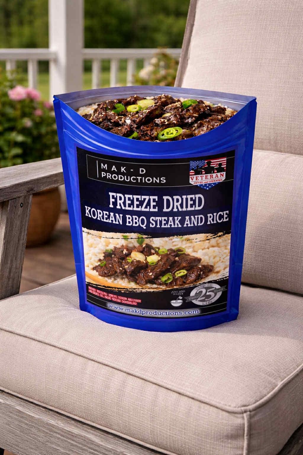 MAK D Productions Korean BBQ Beef Steak & Rice Freeze Dried Meal Camping Hunting Preppers Backpacking Hiking Kayaking Fishing Easy Bag Food