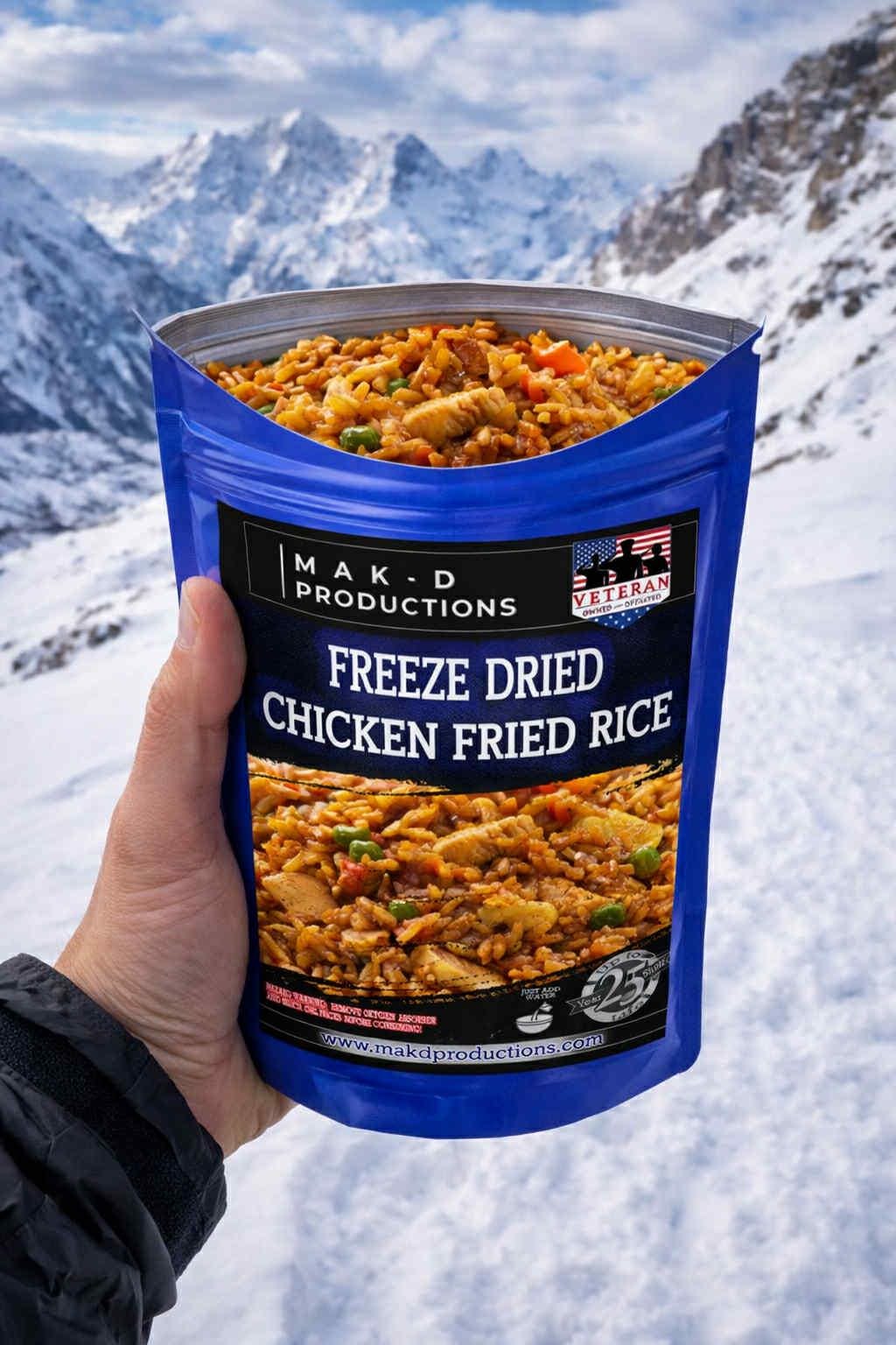 MAK D Productions Chicken Fried Rice Freeze Dried Meal Camping Hunting Preppers Backpacking Hiking Kayaking Fishing Easy Bag Food