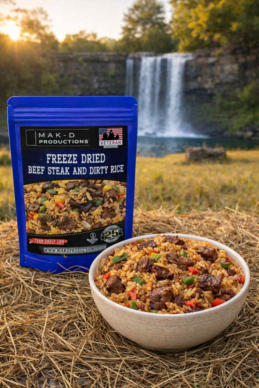 MAK D Productions Beef Steak And Dirty Rice Freeze Dried Meal Camping Hunting Preppers Backpacking Hiking Kayaking Fishing Easy Bag Food