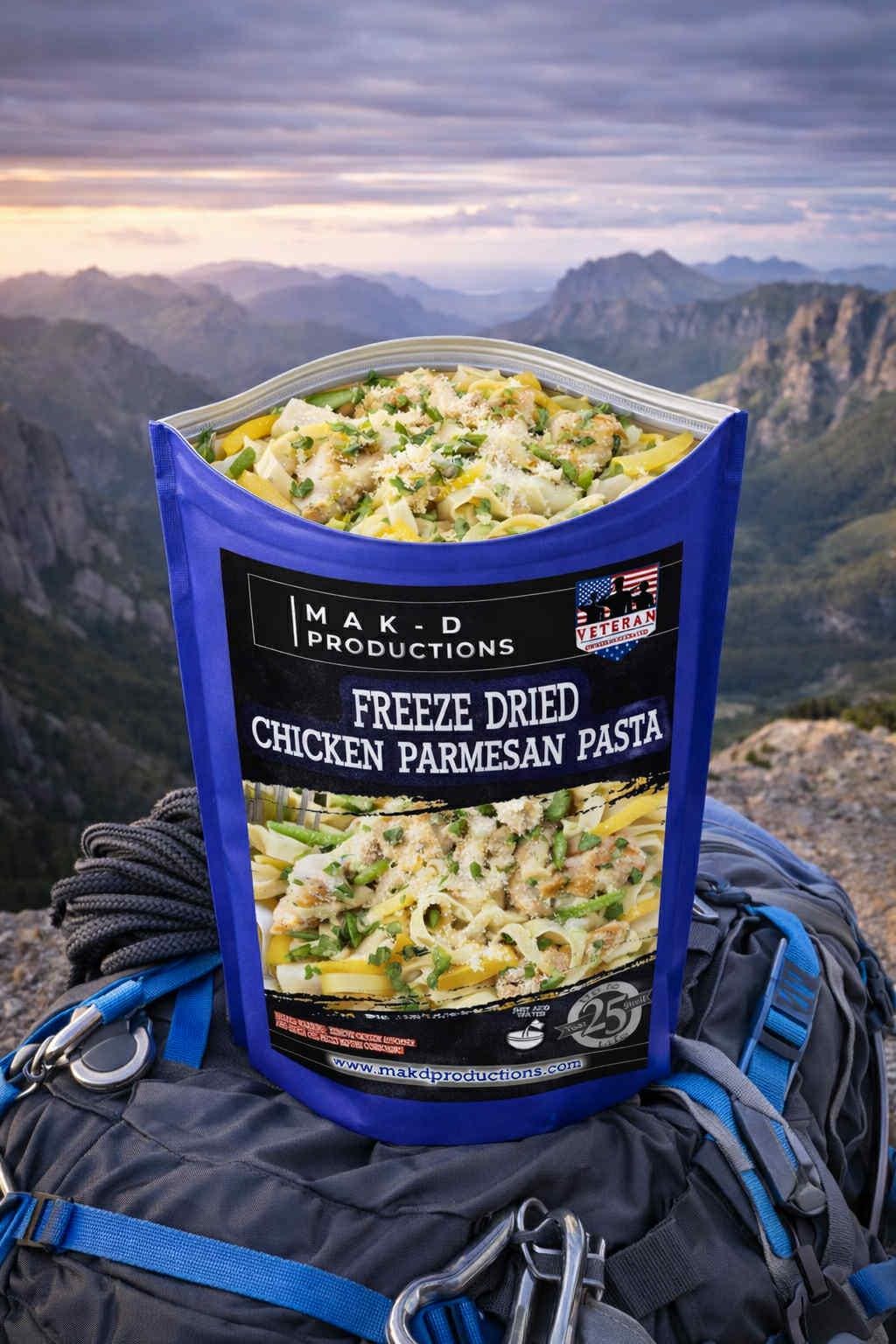 MAK D Productions Chicken Parmesan Pasta Freeze Dried Meal Camping Hunting Preppers Backpacking Hiking Kayaking Fishing Emergency Bag Food