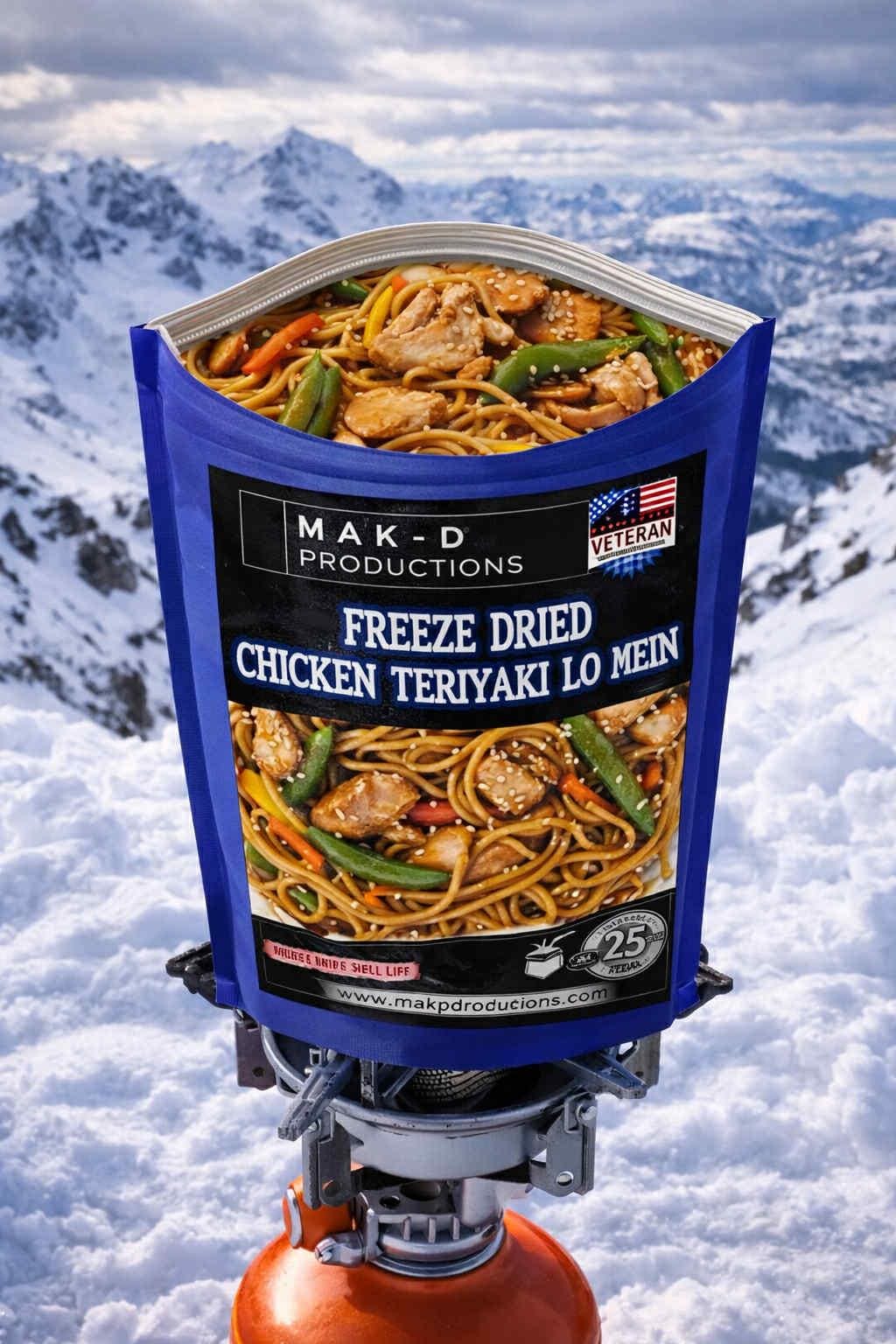 MAK D Productions Chicken Teriyaki Lo Mein Pasta Freeze Dried Meal Camping Hunting Preppers Backpacking Hiking Kayaking Fishing Bag Food