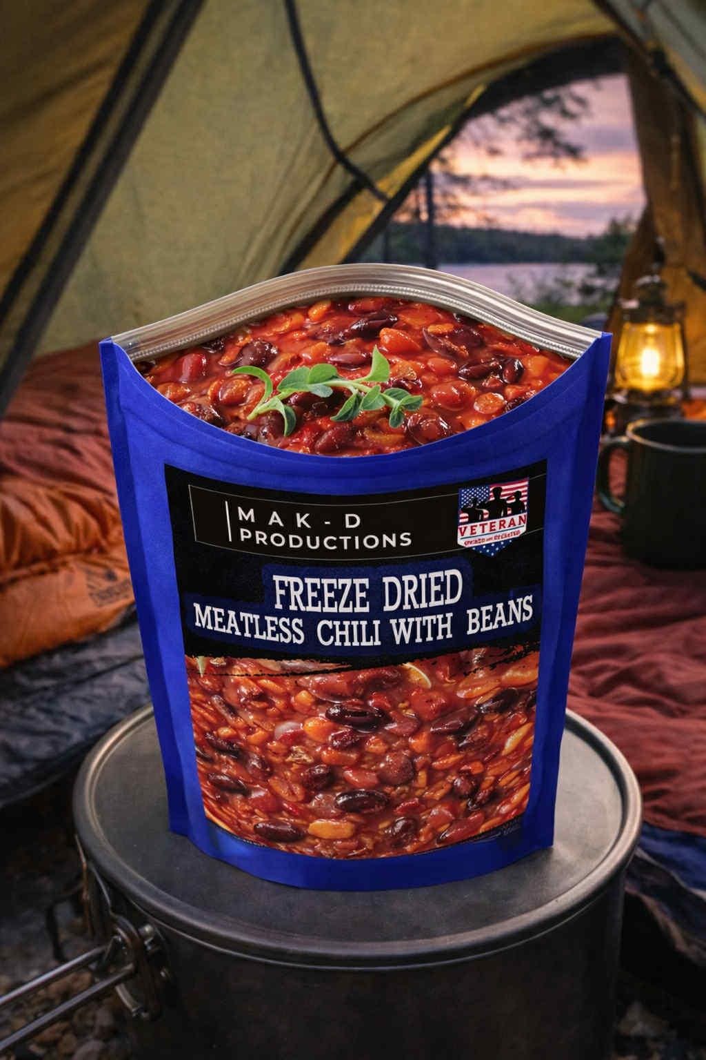 MAK D Productions Meatless Chili With Beans Freeze Dried Meal Camping Hunting Preppers Backpacking Hiking Kayaking Fishing Easy Bag Food