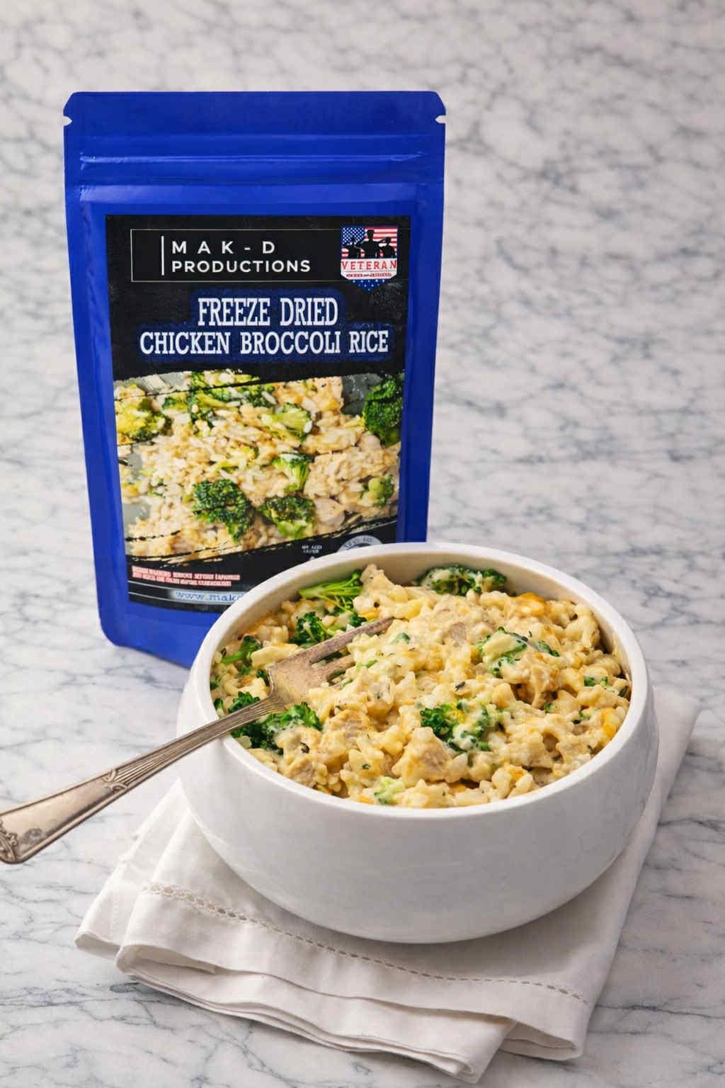 MAK D Productions Chicken, Broccoli and Rice Freeze Dried Meal Camping Hunting Prepper Backpacking Hiking Kayaking Fishing Emergency BagFood