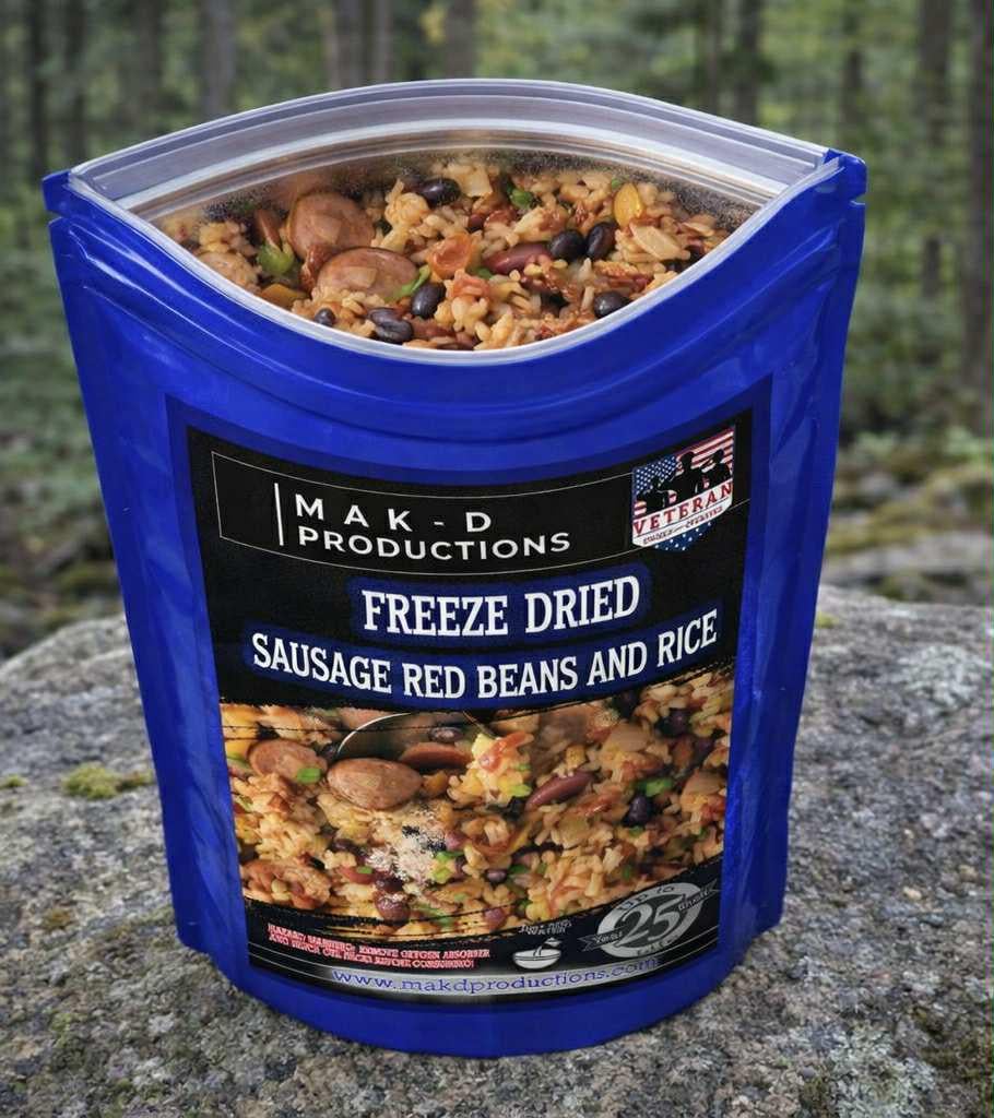 MAK D Productions Pork Sausage Red Beans and Rice Freeze Dried Meal Camping Hunting Preppers Backpacking Hiking Kayaking Fishing Bag Food