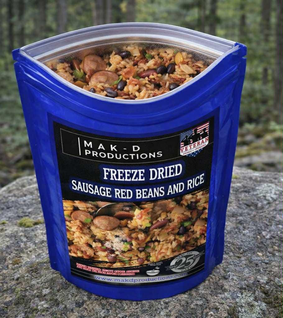 MAK D Productions Pork Sausage Red Beans and Rice Freeze Dried Meal Camping Hunting Preppers Backpacking Hiking Kayaking Fishing Bag Food