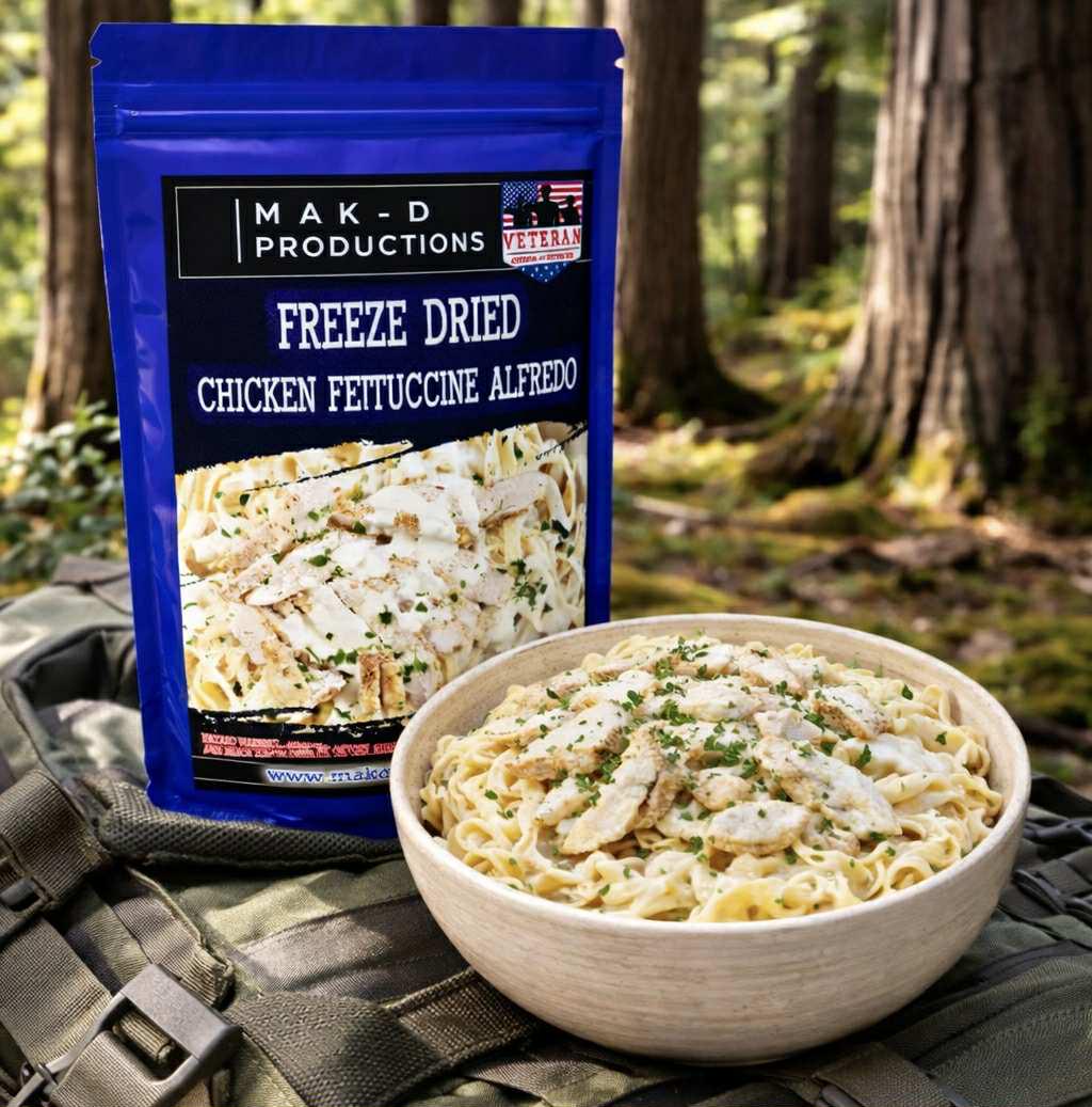 MAK D Productions Chicken Fettuccine Alfredo Pasta Freeze Dried Meal Camping Hunting Preppers Backpacking Hiking Kayaking Fishing Bag Food
