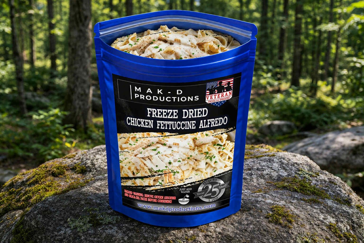 MAK D Productions Chicken Fettuccine Alfredo Pasta Freeze Dried Meal Camping Hunting Preppers Backpacking Hiking Kayaking Fishing Bag Food