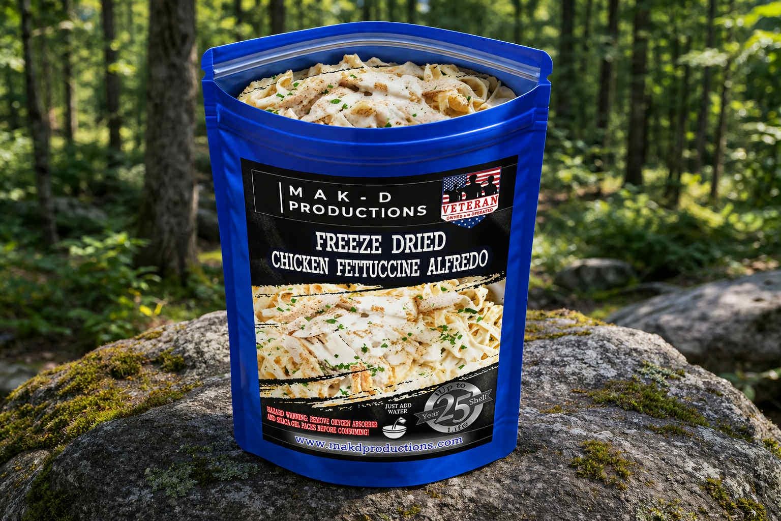 MAK D Productions Chicken Fettuccine Alfredo Pasta Freeze Dried Meal Camping Hunting Preppers Backpacking Hiking Kayaking Fishing Bag Food