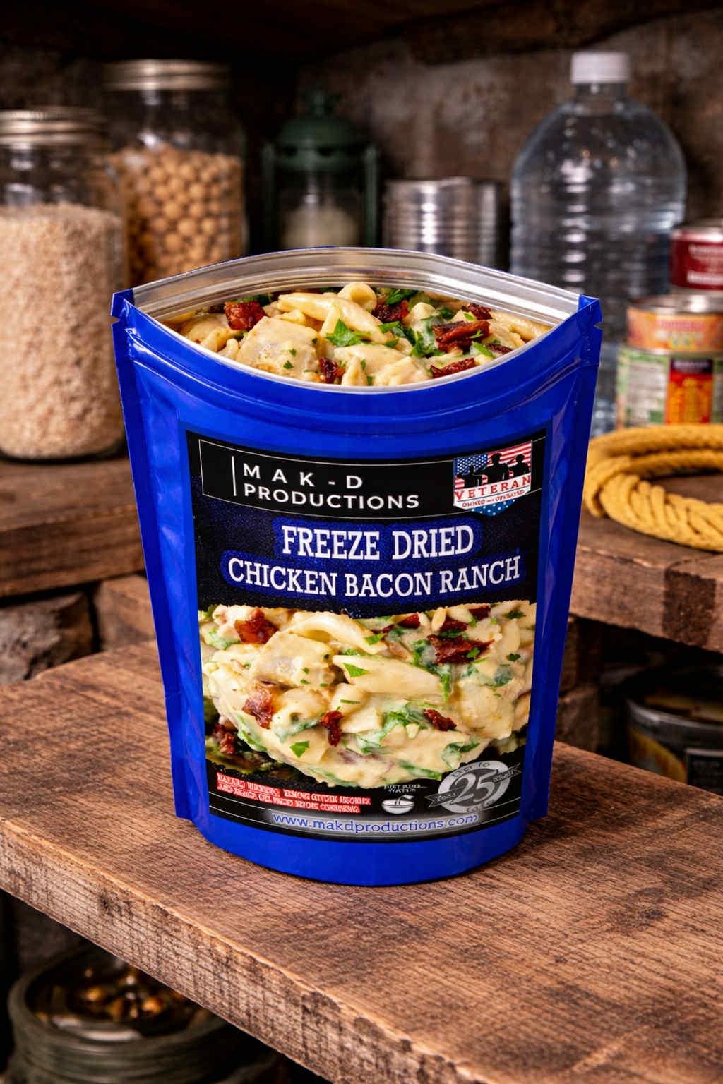 MAK D Productions Chicken Bacon Ranch Macaroni Pasta Freeze Dried Meal Camping Hunting Preppers Backpacking Hiking Kayaking Easy Bag Food