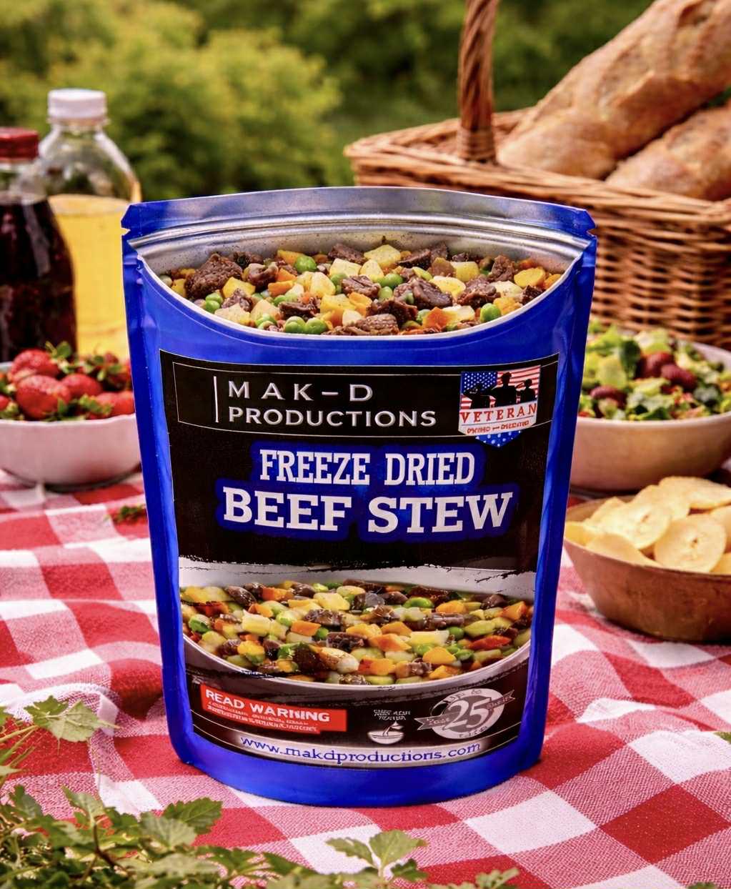 MAK D Productions Beef Stew Freeze Dried Meal Camping Hunting Preppers Backpacking Hiking Kayaking Fishing Emergency Prep Easy Bag Food