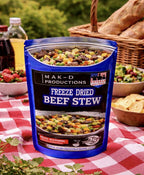 MAK D Productions Beef Stew Freeze Dried Meal Camping Hunting Preppers Backpacking Hiking Kayaking Fishing Emergency Prep Easy Bag Food